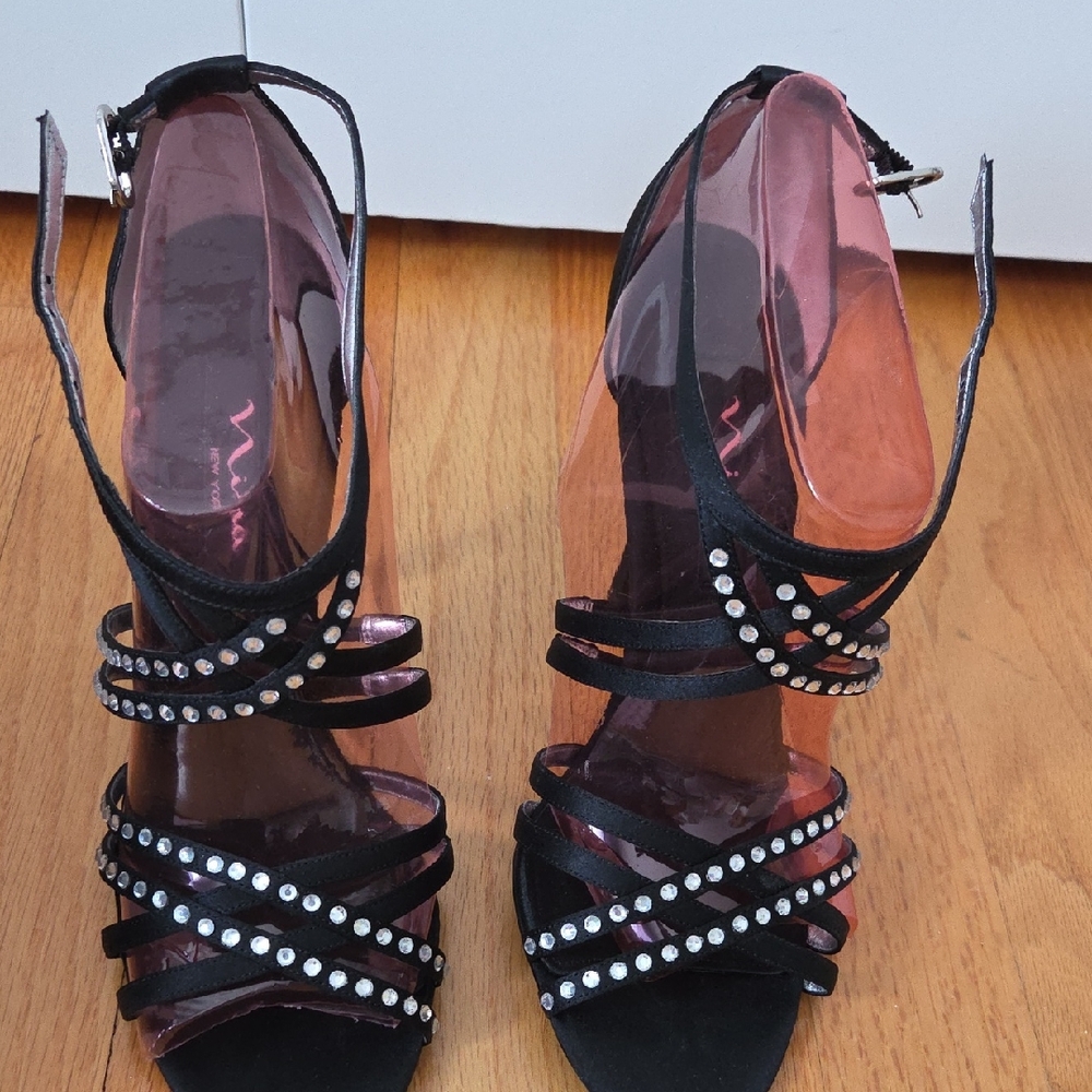 Nina Shoes Black Strappy Heels with Rhinestones